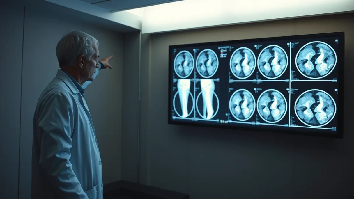 Médico observando imagens de ressonância magnética em painel iluminado
