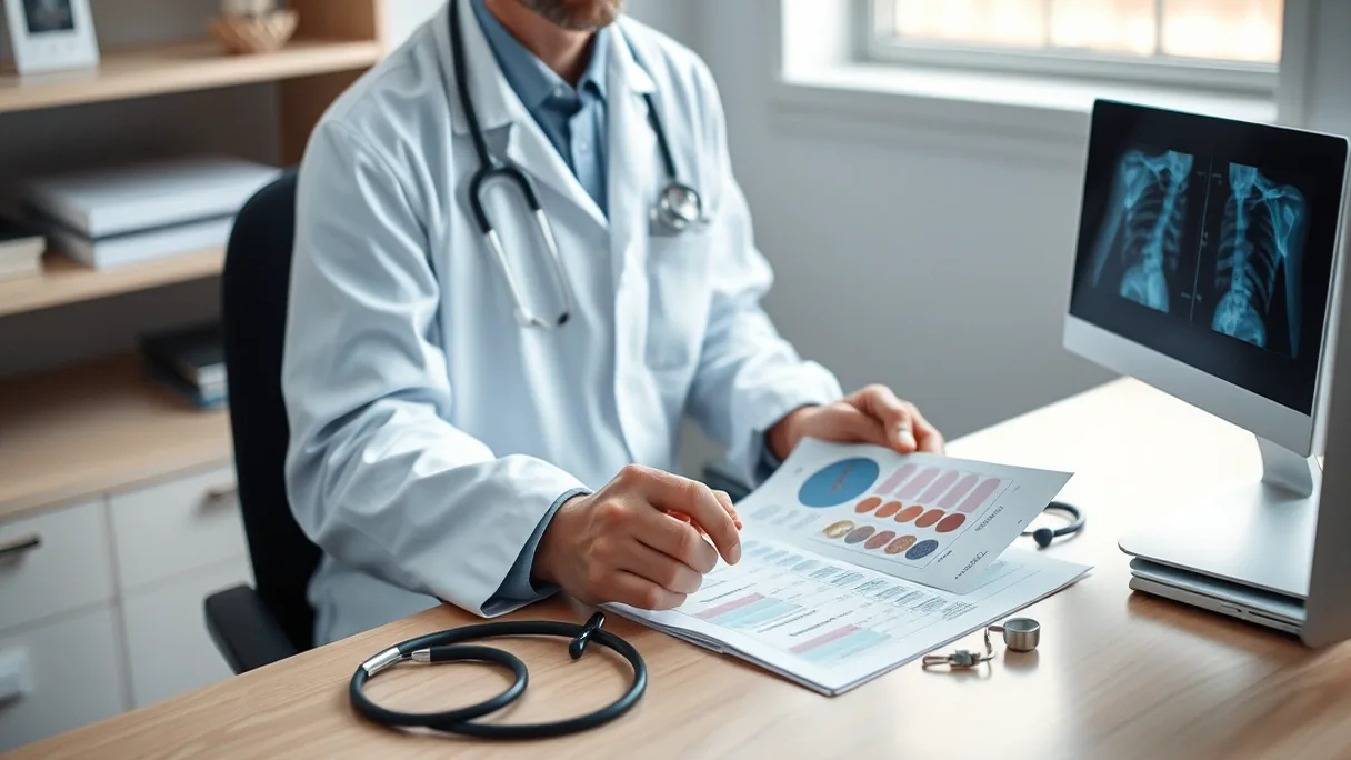 Médico analisando exames de sangue e laudos de um paciente antes da cirurgia