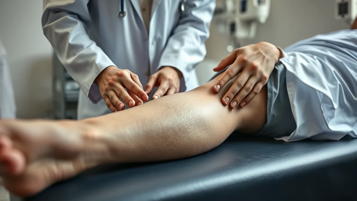 Médico examinando com as duas mãos o joelho de paciente deitado na maca