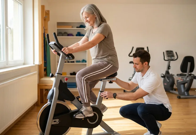 Fisioterapeuta agachado ajustando o banco da bicicleta ergométrica de uma paciente de cerca de 65 anos, na fisioterapia para artrose no joelho