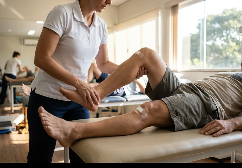 Fisioterapeuta guiando a flexão do joelho de um paciente deitado na maca, na fase inicial da reabilitação de LCA