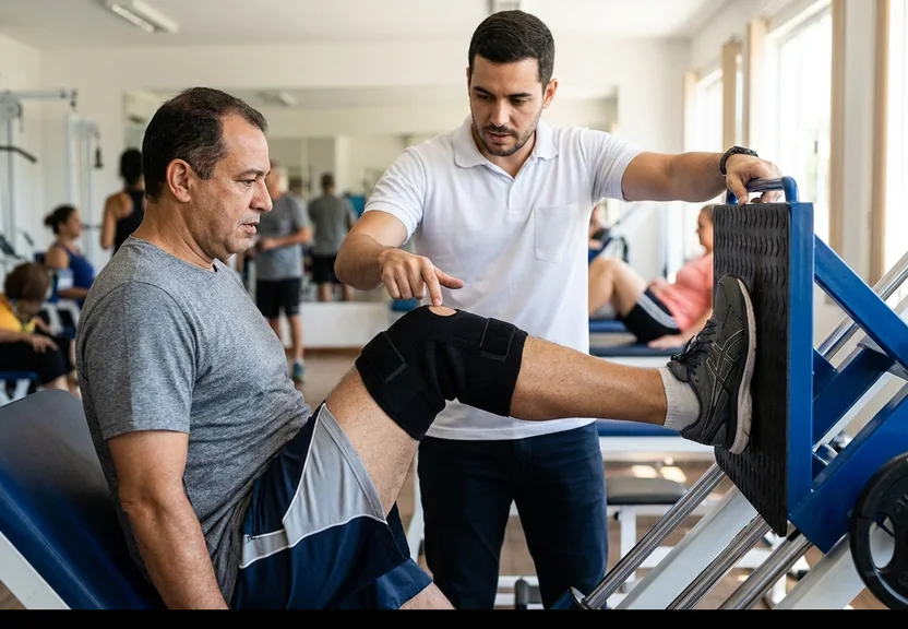 Paciente com joelheira fazendo leg press unilateral sob orientação do fisioterapeuta, na fase de fortalecimento da reabilitação de LCA